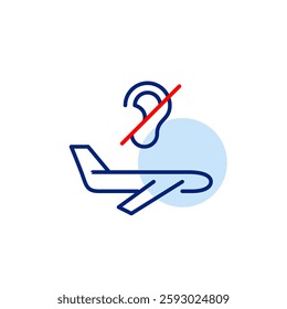 Airplane in flight and ear crossed. Quiet flight, no voice announcements. Hearing-impaired travel accessibility. Pixel perfect, editable stroke vector icon