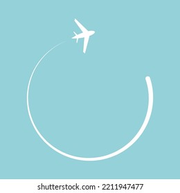 Airplane flight icon, flat symbol with round line on blue background, vector illustration.