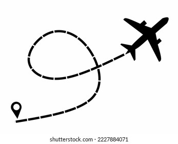 Icono de vuelo del avión en línea de puntos desde el punto de partida. Ruta de vuelo del avión. Diseño vectorial de existencias