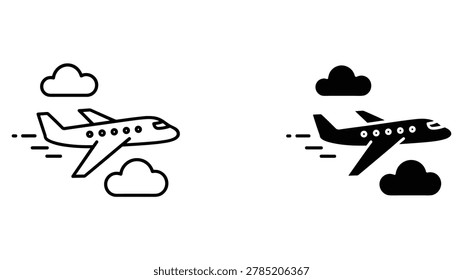 Airplane flight icons with clouds in outline and solid style for travel apps