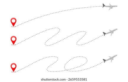 Vuelo del avión con la Ilustración vectorial del conjunto de la trayectoria de la línea aislada en el fondo blanco.