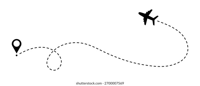 Ícone de doodle da trajetória de voo do avião. Rota de mapa pontilhada para viagem e viagem, traço linha rota de avião aéreo. Ilustração vetorial isolada no plano de fundo branco