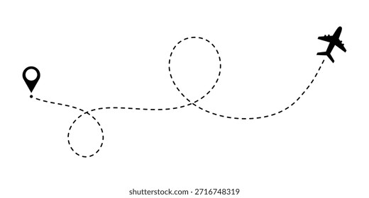 Icono de doodle de ruta de vuelo de avión. Mapa punteado de la ruta para el viaje y el viaje, línea de tablero de la ruta del avión. Ilustración vectorial aislada sobre fondo blanco