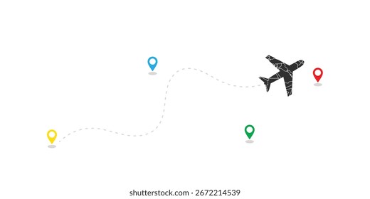 trajetória de voo do avião com linha pontilhada e vários pinos coloridos de localização