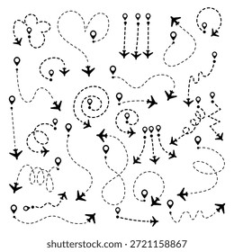 Airplane flight path with dotted line route showing travel journey from start to destination, perfect for aviation and tourism design projects
