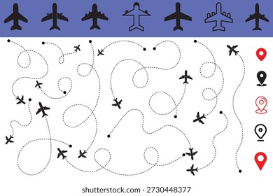 Coleção de ícones da trajetória de voo do avião sobre fundo branco. Rotas pontilhadas curvas com símbolos de aeronave e marcadores de localização mostram navegação de viagem. Elementos vetoriais limpos para mapas de aviação e viagens