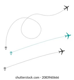 Icono de trayectoria de vuelo del avión con punto de partida. Gráficos planos sobre fondo blanco