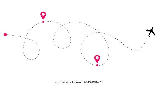 Airplane flight path illustrations with curved dashed lines and dotted tracking routes for aircraft travel concept maps and air navigation themed vector design elements for global routes