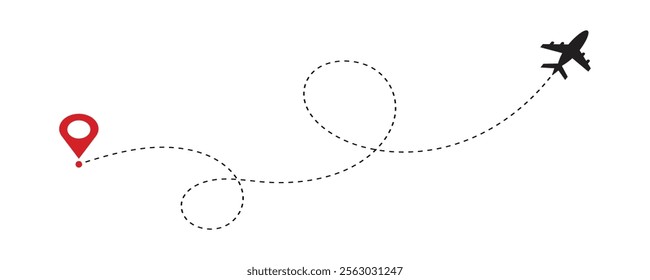 Airplane flight path from a location. Airplane line path travel icon of start point and end point dash line.