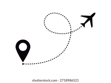 Ruta de vuelo del avión con línea punteada en bucle y marcador de ubicación sobre fondo blanco