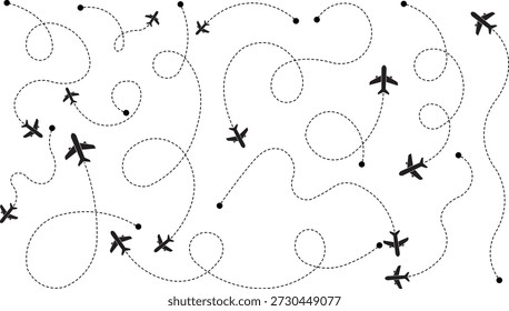 Airplane flight path pattern on a white background. Dotted curved routes form a seamless aviation travel design. Clean vector illustration for navigation, transport, and journey concepts.