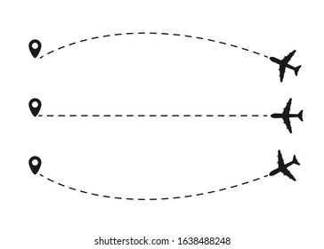 Airplane with a flight path. Point of departure and departure. The airplane is in a dotted line. The waypoint is for a tourist trip. Track on a white background. Tourism and travel .Vector illustratio