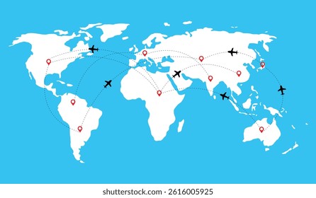 Airplane flight path with red destination and dotted line. Dotted line path on world map background.