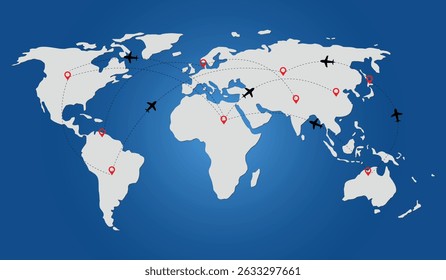 Airplane flight path with red destination and dotted line. Dotted line path on world map background.