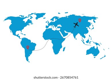Airplane flight path with red destination and dotted line. Dotted line path on world map background.