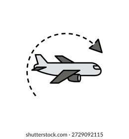 Icono de ruta de vuelo del avión con línea punteada y símbolo de giro en U