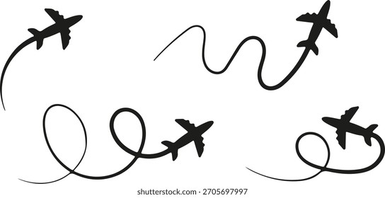 Airplane flight path trail, swirling travel route vector icon set, black silhouette
