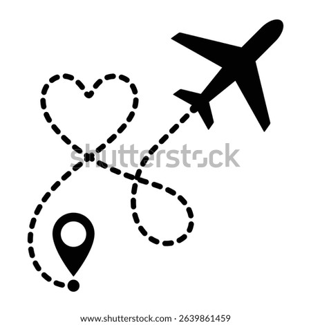Airplane flight path vector icon. Heart-shaped travel route with dashed line and location pin. Love trip, romantic journey, vacation or honeymoon concept. Black silhouette on white background.