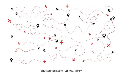 Ilustración vectorial de la trayectoria de vuelo del avión con líneas de ruta punteadas, marcadores de pin y rastreo de inicio a destino.