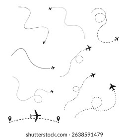 Airplane flight path vector set with dotted route lines to destinations — perfect for travel and aviation designs.