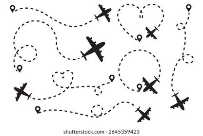 Airplane Flight Paths with Dotted Lines and Location Pins Vector Illustration