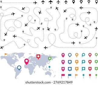 Airplane Flight Paths with World Map – Travel Routes, Dotted Lines and Location Pins