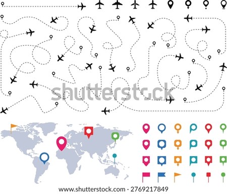 Airplane Flight Paths with World Map – Travel Routes, Dotted Lines and Location Pins