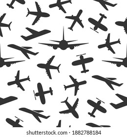 Airplane flight pattern white background. Seamless pattern plane. Vector flat illustration.