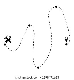 Airplane flight route or air plane destination line path vector icon