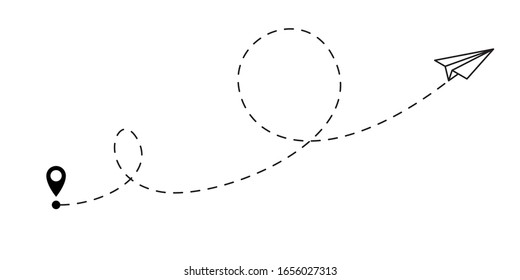 Airplane flight route destination line path. Paper plane travel dash line vector icon