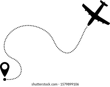 Airplane flight route. Airplane dotted path, aircraft tracking, trace or road to destination point. Vector illustration for infographic design. 
Travel vector icon with start point and dash line trace