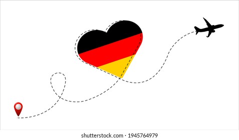 Airplane flight route with the Germany flag inside the heart. Travel to your beloved country. Vector illustration.