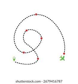 Icono de ruta de vuelo de avión diseño de Vector plano.