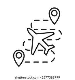 Airplane flight route icon with map pins, perfect for travel, tourism, logistics, aviation design, navigation, transportation, airline booking, trip planning, flight tracking, and travel apps.