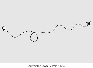 Icono de ruta de vuelo del avión en estilo transparente. Ilustración vectorial de la trayectoria de la línea de viaje en fondo aislado. Dash line traza concepto de negocio. Ilustración vectorial. Archivo Eps 25.