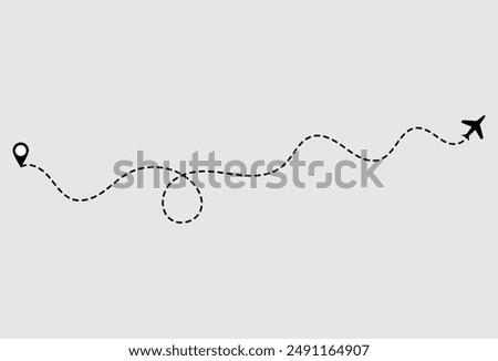 Airplane flight route icon in transparent style. Travel line path vector illustration on isolated background. Dash line trace business concept. Vector illustration. Eps file 25.