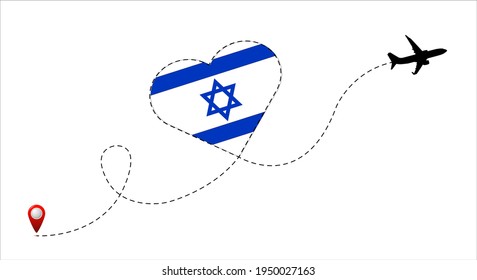 Airplane flight route with the Israel flag inside the heart. Travel to your beloved country. Vector flat illustration.