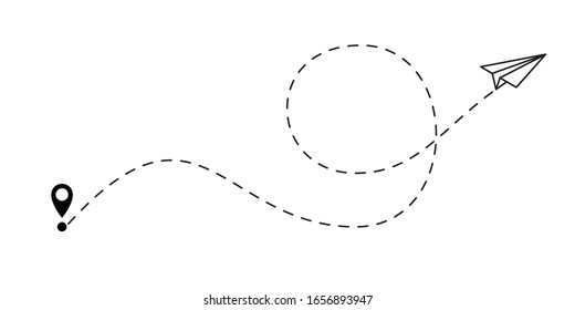 Airplane flight route line path and destination point. Paper plane travel dash line vector icon