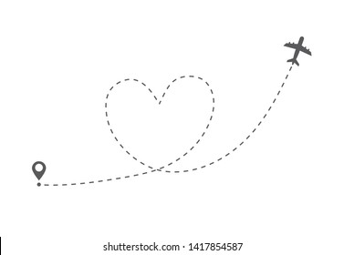 Airplane flight route. Love airplane route. Travel symbol. Vector illustration