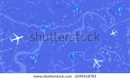 Airplane flight route map over city with navigation markers, digital tracking interface. Futuristic aviation flight paths and glowing location markers, global logistic concept. Vector illustration.