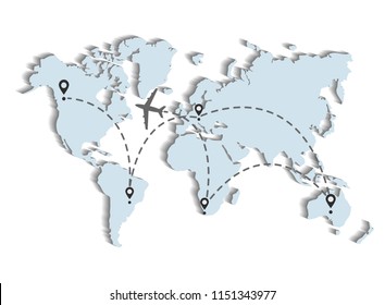 Airplane flight route over the map of the world. Vector