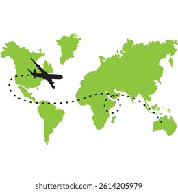 Airplane Flight Route over World Map Global Travel and Aviation