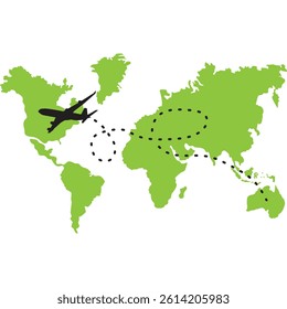 Airplane Flight Route over World Map Global Travel and Aviation