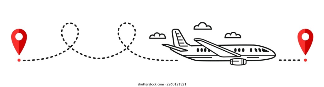 Airplane flight route path, aircraft travel line trace icon. Plane fly way. Air transport move road location tracking. Airliner tourist trip destination. GPS navigation map pin pointer. Outline vector