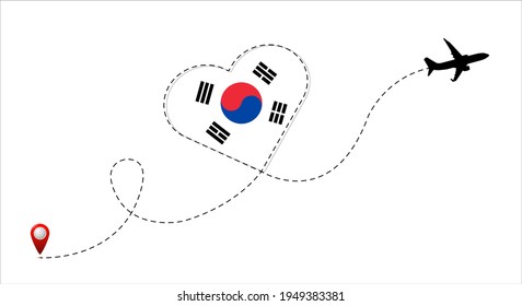 Ruta de vuelo del avión con la bandera de la República de Corea dentro del corazón. Viaja a tu amado país. Ilustración plana vectorial.