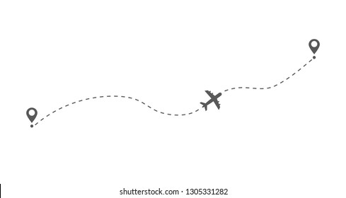 Airplane flight route. Flight tourism route path. Starting pin to destination point. Travel symbol. Vector illustration