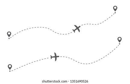 Airplane flight route. Flight tourism route path. Starting pin to destination point. Travel symbol. Vector illustration