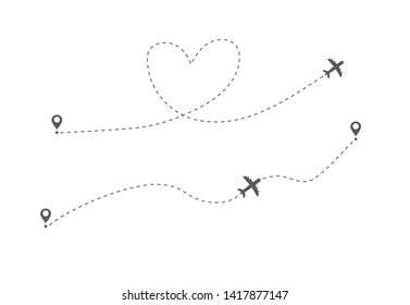 Airplane flight route. Flight tourism route path. Starting pin to destination point. Travel symbol. Vector illustration