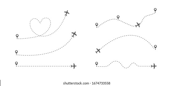 Airplane flight route. Flight tourism route path. Starting pin to destination point. Travel symbol. Vector illustration