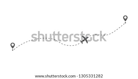 Airplane flight route. Flight tourism route path. Starting pin to destination point. Travel symbol. Vector illustration
